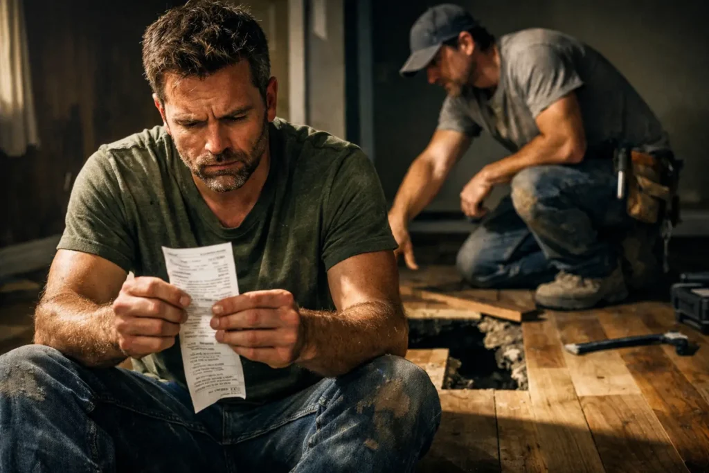 Frustrated homeowner holding a receipt on a half-finished floor while a contractor points to a gap where flooring is missing.
