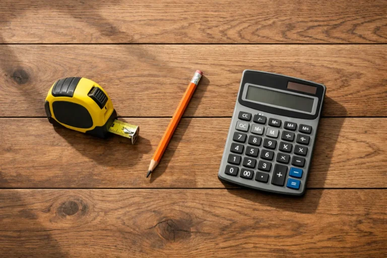 Tape measure, pencil, and calculator placed on a wooden floor for measuring flooring square footage