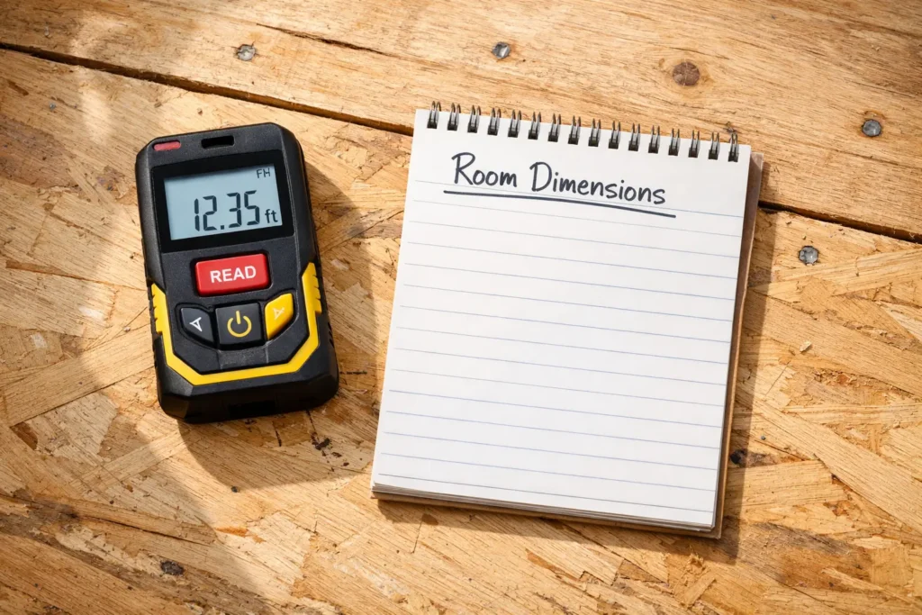 How to Measure a Room for Flooring: The 2026 Zero-Waste Guide 1 Digital laser tape measure on wooden subfloor beside a notepad titled Room Dimensions, used for accurate room measurement.