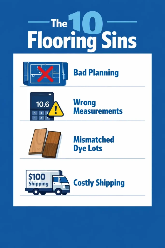 Blue-and-white vertical infographic titled “The 10 Flooring Sins” showing icons for blueprint errors, decimal mistakes, dye-lot color mismatch, and $100 emergency shipping.