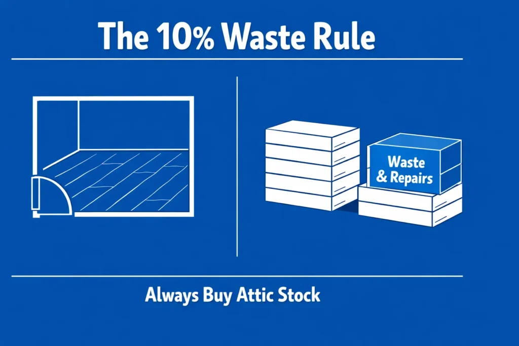 Infographic showing the 10 percent waste rule with a room layout and extra flooring box labeled waste and repairs