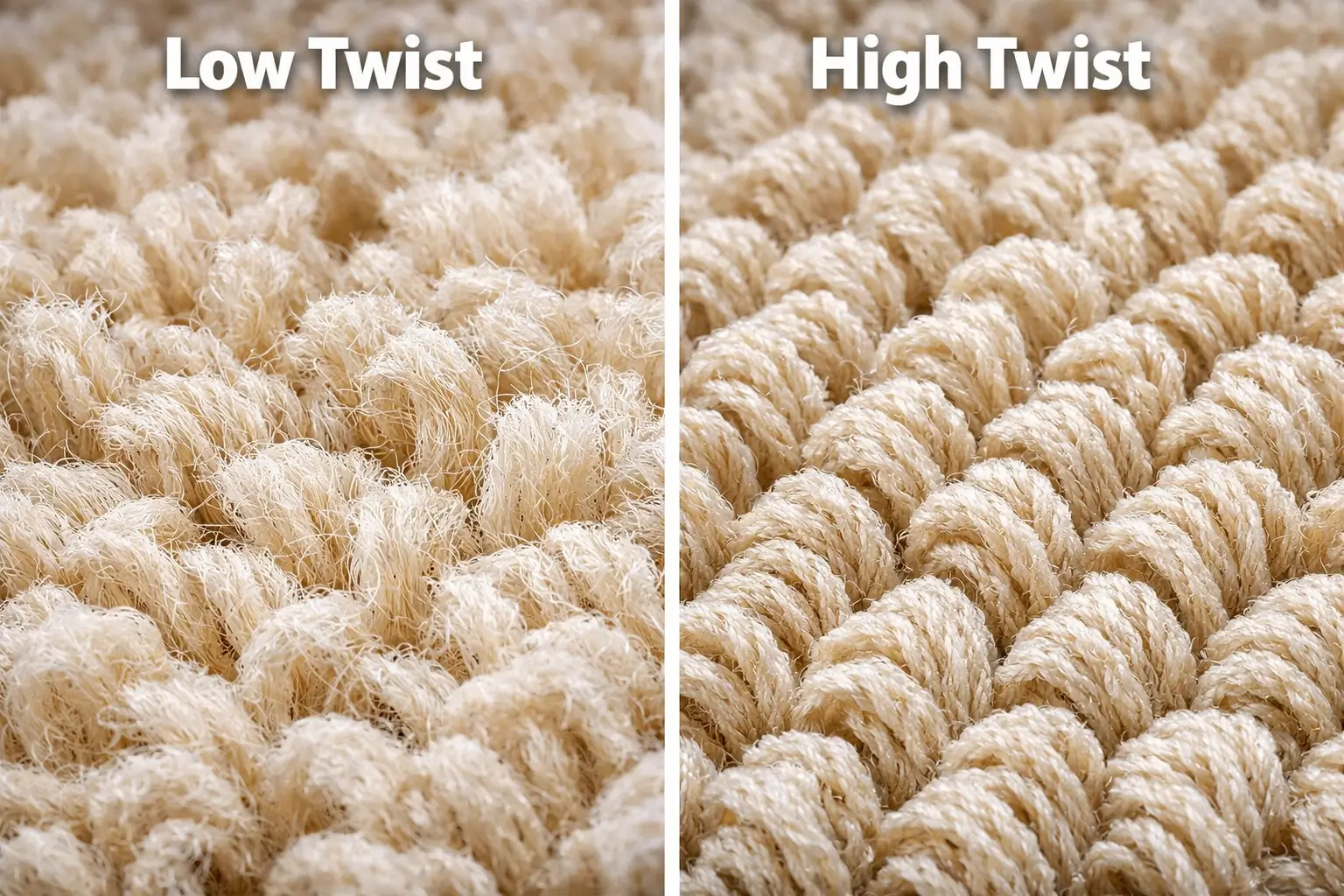 Low twist vs high twist carpet fibers showing resilience