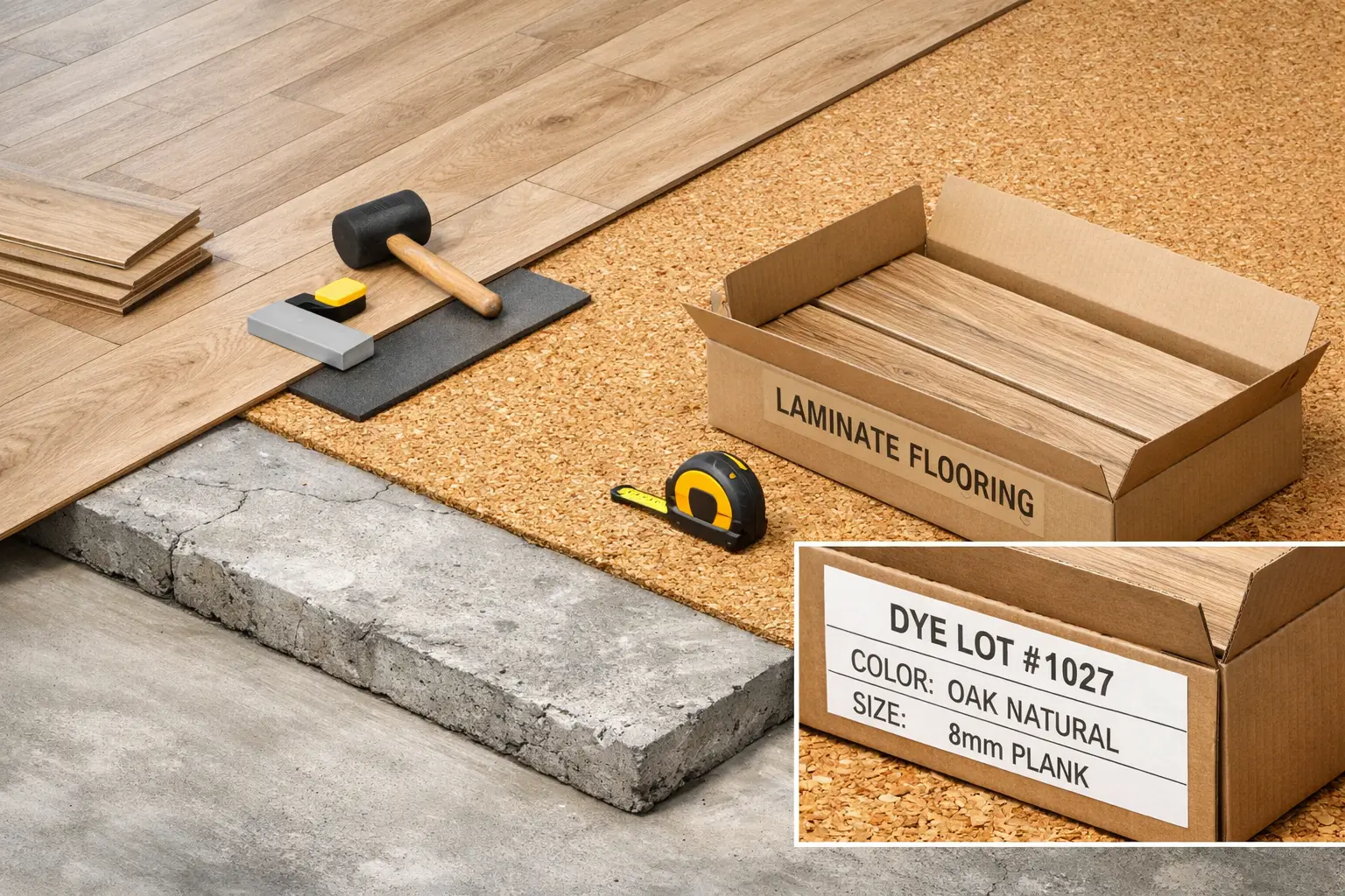 Isometric flooring installation showing cork and concrete subfloor layers with highlighted dye lot box label for accurate flooring box rounding