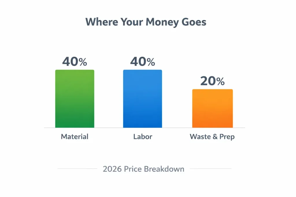 Minimal bar chart titled “Where Your Money Goes” with Material 40% (green), Labor 40% (blue), and Waste and Prep 20% (orange), bottom text “2026 Price Breakdown”.