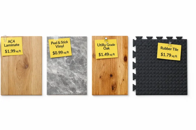 Flat lay image showing four budget flooring samples on a white background including AC4 laminate, peel and stick vinyl tile, utility grade oak wood, and black rubber interlocking tile with price tags.