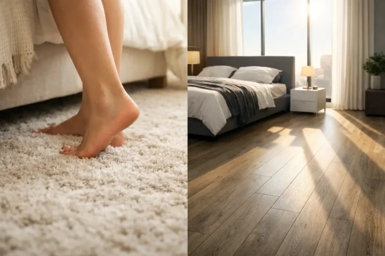 Split-screen bedroom image comparing soft plush carpet with bare feet and modern wide-plank laminate flooring in morning sunlight