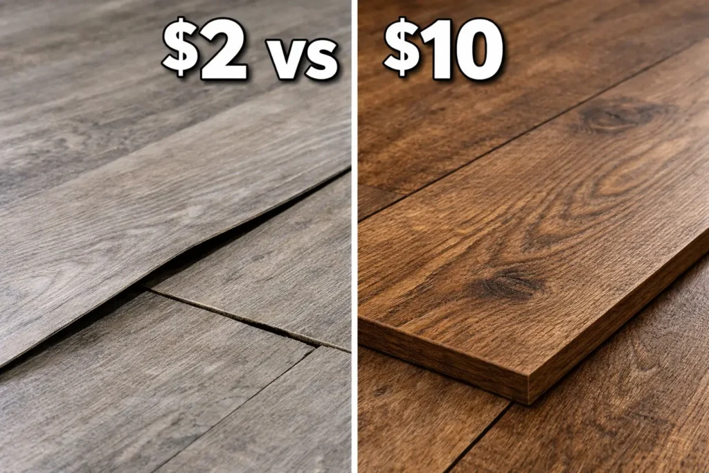 Split screen image showing cheap $2 vinyl plank flooring with warping and gaps compared to thick premium $10 vinyl plank flooring with realistic wood grain and solid build