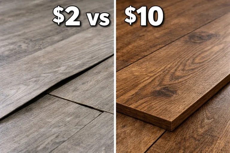 Split screen image showing cheap $2 vinyl plank flooring with warping and gaps compared to thick premium $10 vinyl plank flooring with realistic wood grain and solid build