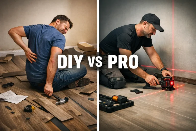 Split-screen image showing a frustrated homeowner fixing crooked vinyl plank flooring on one side and a professional contractor installing straight flooring with a laser level on the other, labeled DIY vs Pro.