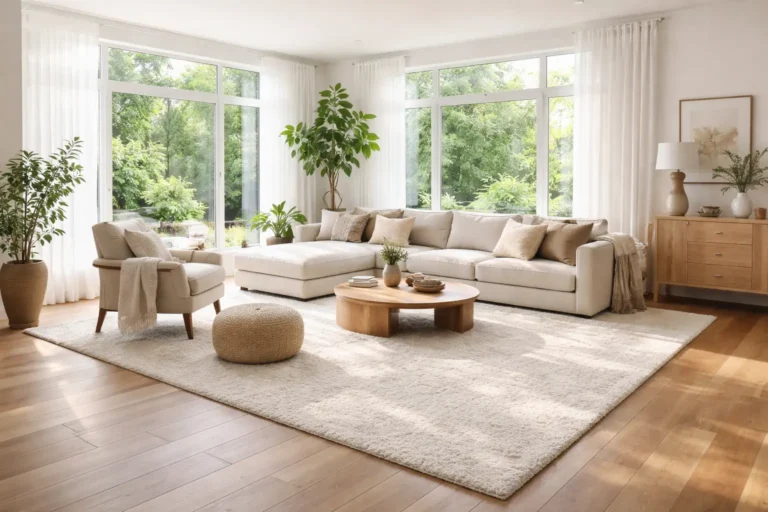 Bright modern living room with wide plank engineered hardwood flooring and thick wool area rug under natural sunlight.