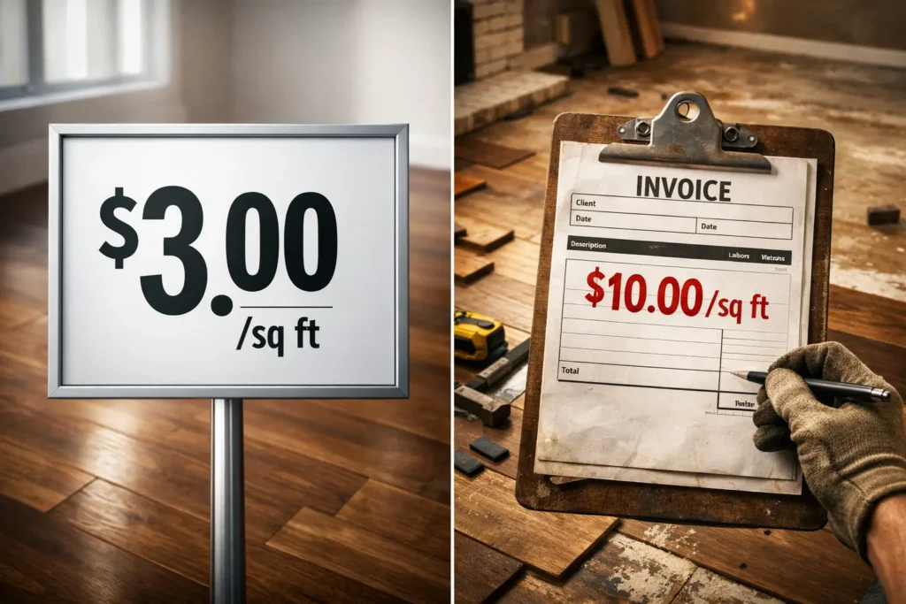 Average Flooring Installation Cost 2026: Sq Ft Price Guide 1 Split-screen flooring cost comparison showing $3 per sq ft material price versus $10 per sq ft installed contractor invoice on a partially finished living room floor.