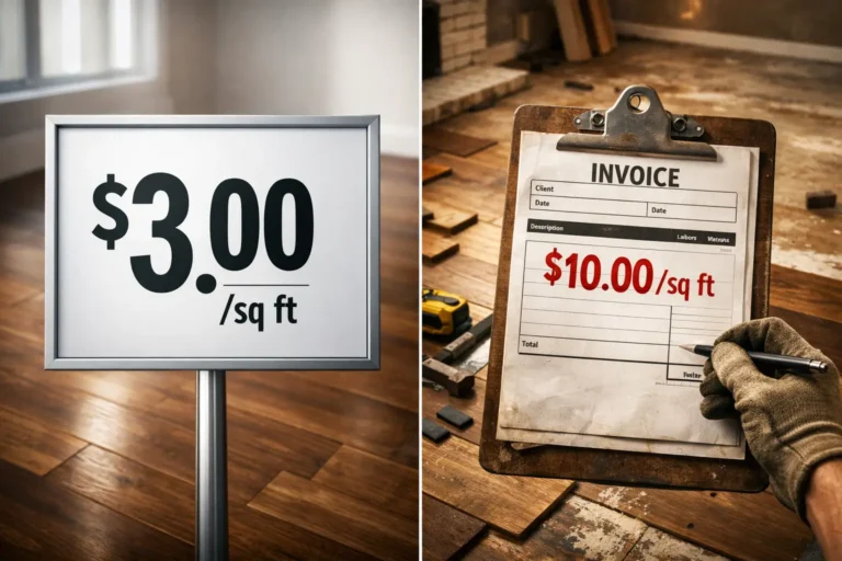 Split-screen flooring cost comparison showing $3 per sq ft material price versus $10 per sq ft installed contractor invoice on a partially finished living room floor.