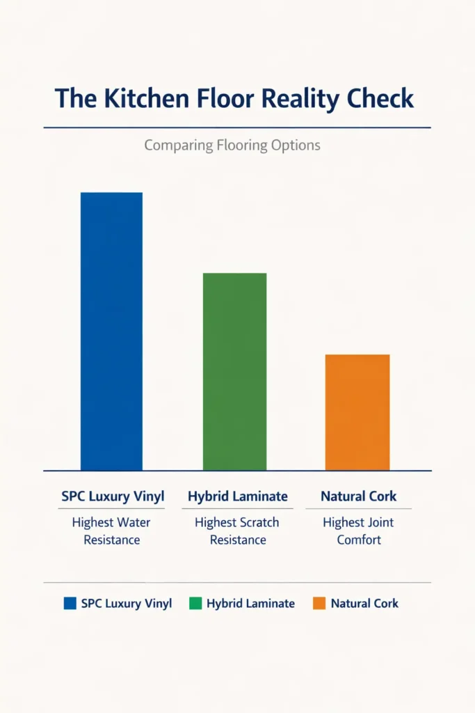 Portrait SaaS style bar graph comparing SPC luxury vinyl, hybrid laminate, and natural cork for water resistance, scratch resistance, and joint comfort.