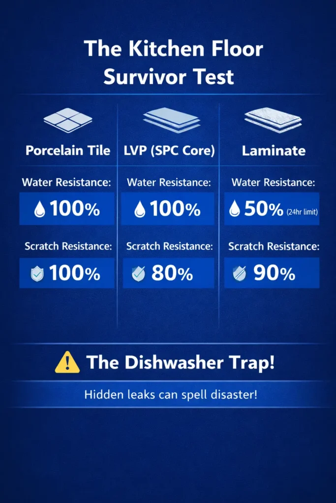 Infographic titled The Kitchen Floor Survivor Test comparing porcelain tile, SPC core LVP, and laminate flooring for water resistance and scratch resistance, highlighting the Dishwasher Trap warning.
