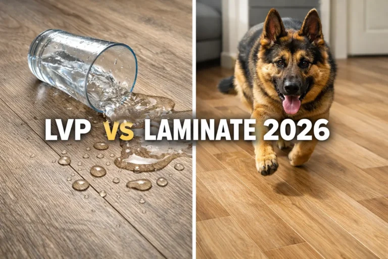 Split-screen image showing water beading on luxury vinyl plank flooring and a large dog running on laminate flooring without scratches, labeled LVP vs Laminate 2026
