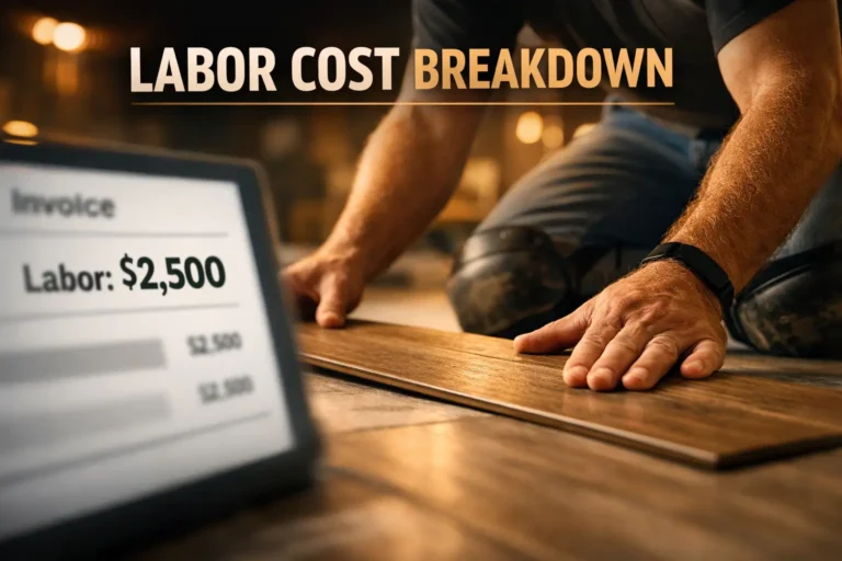 Contractor hands installing luxury vinyl plank flooring with a blurred invoice showing $2,500 labor cost and text Labor Cost Breakdown