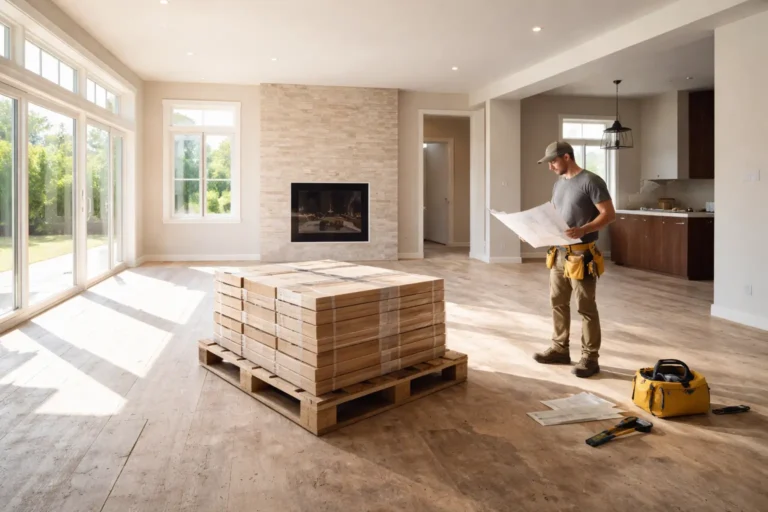 Contractor reviewing blueprints beside a pallet of flooring boxes in a large sunlit open-concept living room