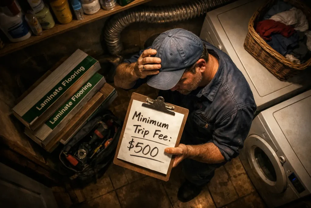 Top-down view of stressed contractor in cramped laundry room holding clipboard that reads Minimum Trip Fee $500 with laminate flooring boxes nearby.