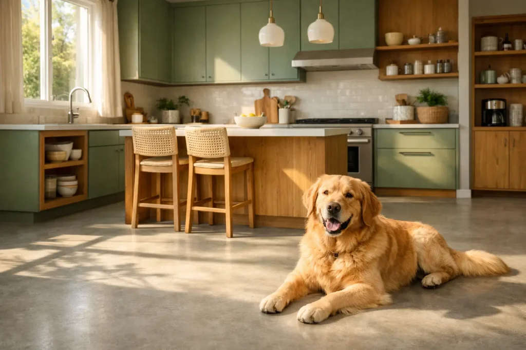 Modern 2026 kitchen with seamless microcement floor, sage green cabinets, honey oak accents, sunlight through window, and large dog sitting on floor.