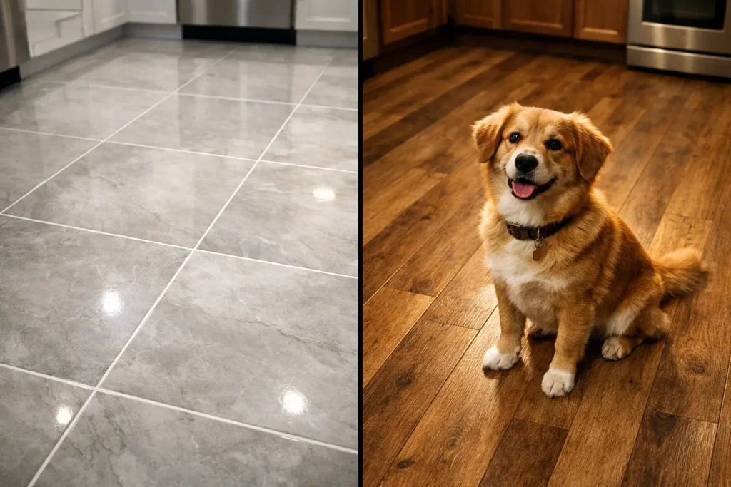 Split-screen kitchen floor comparison showing bright white grout porcelain tile on the left and warm wood-look luxury vinyl plank flooring with a dog sitting on it on the right.
