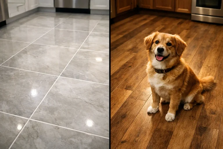 Split-screen kitchen floor comparison showing bright white grout porcelain tile on the left and warm wood-look luxury vinyl plank flooring with a dog sitting on it on the right.