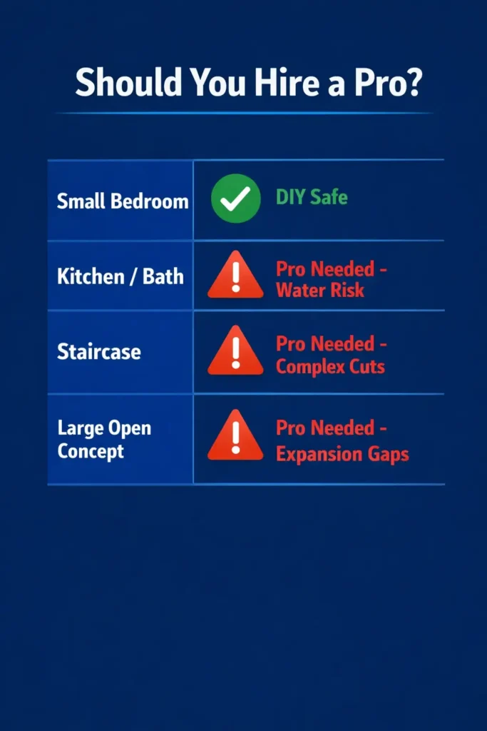Table graphic titled Should You Hire a Pro showing green check for small bedroom DIY flooring and red warnings for kitchen, bathroom, staircase, and large open concept projects requiring professional installation.