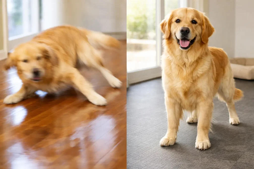 Best Flooring for Pets 2026: Scratch-Proof & Waterproof Guide 1 Golden retriever slipping on shiny hardwood floor compared with standing securely on textured matte vinyl flooring in a split-screen view.