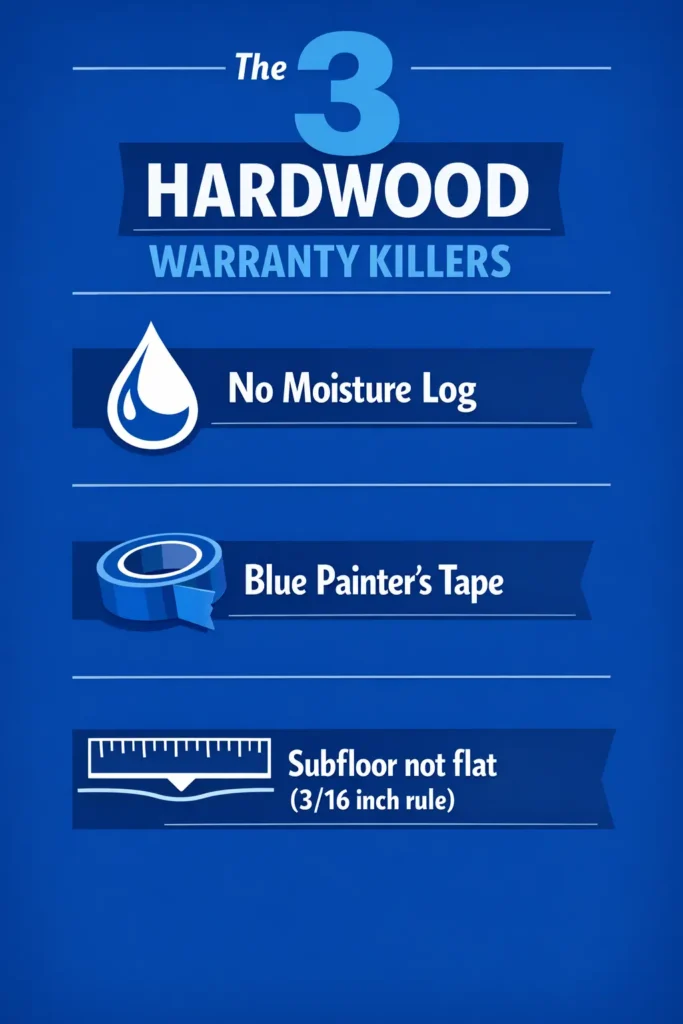 Vertical infographic titled The 3 Hardwood Warranty Killers showing icons for no moisture log, blue painter’s tape, and subfloor not flat 3/16 inch rule in royal blue and navy design.