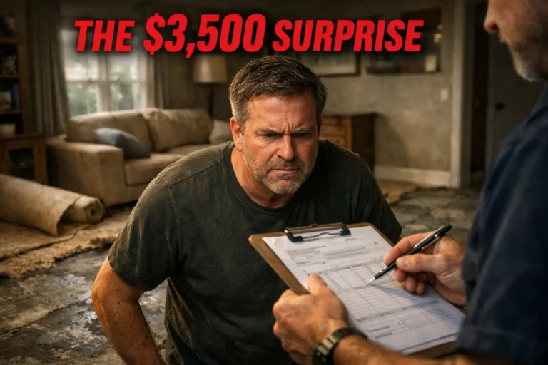 Angry homeowner looking at contractor clipboard in living room with ripped carpet and damaged concrete subfloor, text reads “The $3,500 Surprise.”