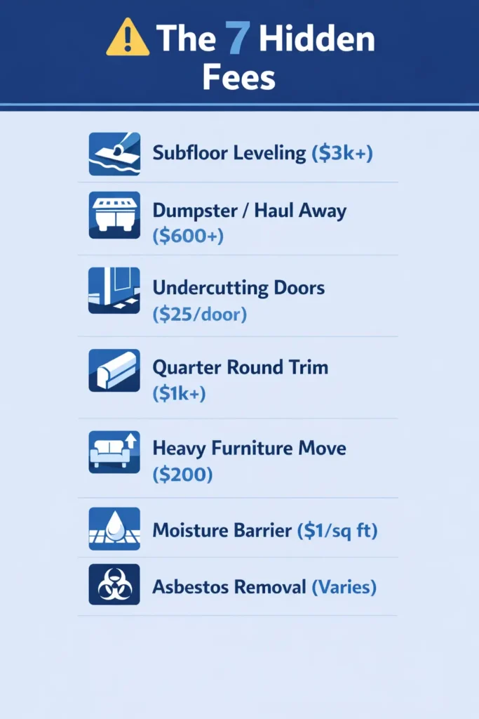 Hidden Flooring Costs: 7 Things Contractors Won't Tell You 2 Blue and navy vector list titled “The 7 Hidden Fees” with warning icon and flooring-related extra costs listed.