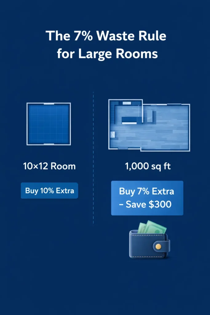 Portrait infographic comparing 10% extra flooring for small rooms versus 7% extra for large open floor plans with $300 savings and wallet icon