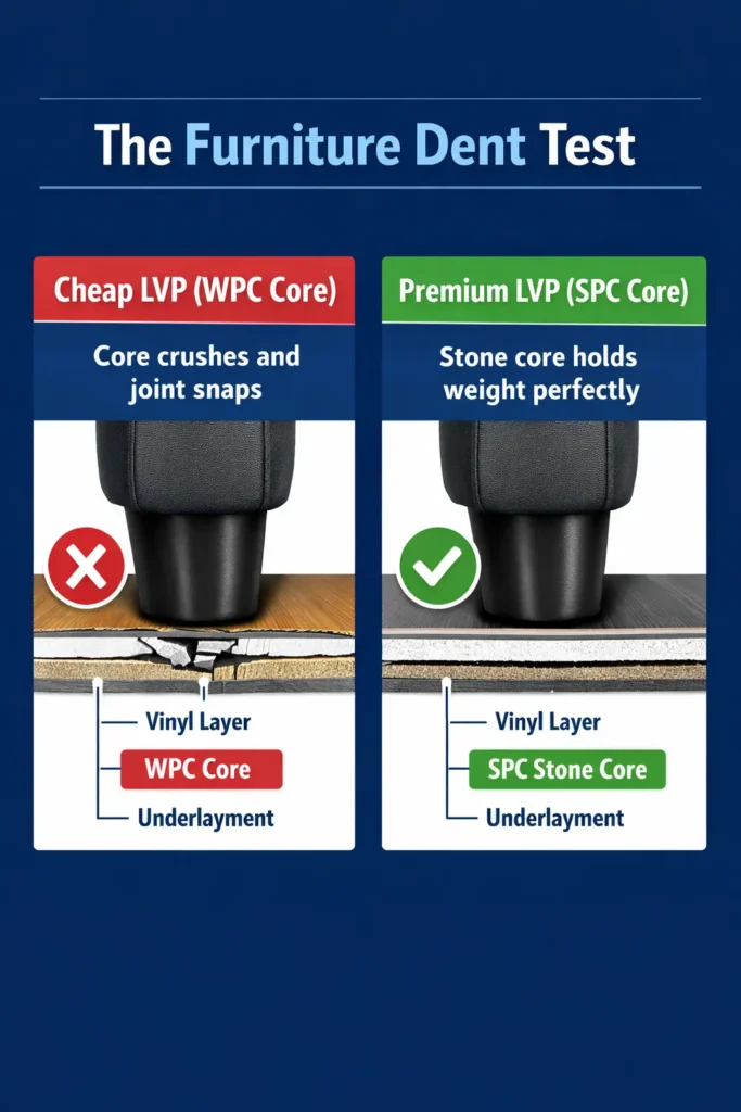 Infographic showing heavy sofa leg pressing on WPC and SPC luxury vinyl plank flooring cross-sections with red X and green check comparison.