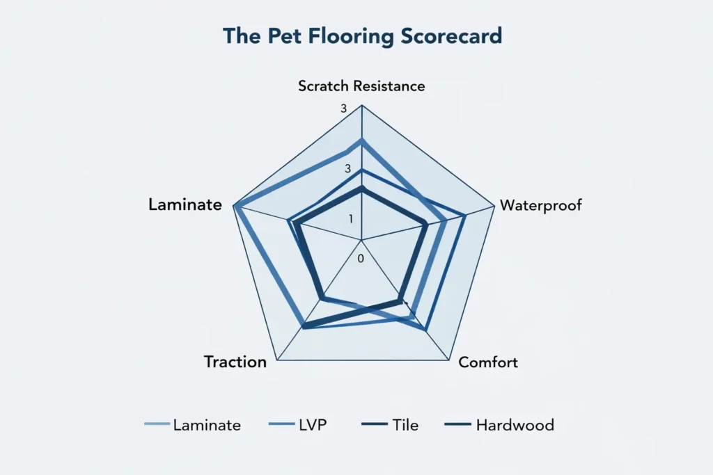 Best Flooring for Pets 2026: Scratch-Proof & Waterproof Guide 2 Radar chart comparing laminate, LVP, tile, and hardwood flooring by scratch resistance, waterproof ability, comfort, and traction for pets.