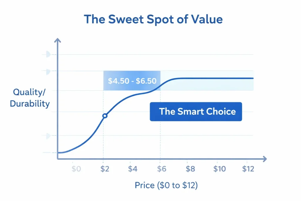 Graph showing flooring price versus quality curve rising sharply until $6 then flattening, with $4.50 to $6.50 highlighted as the smart value choice