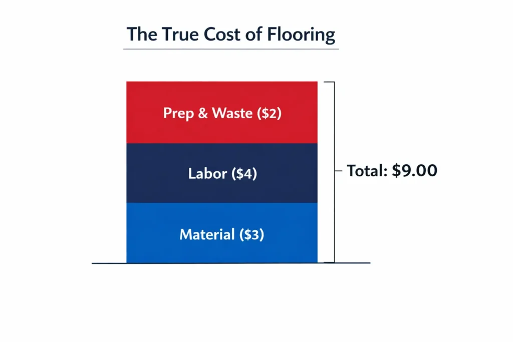 Average Flooring Installation Cost 2026: Sq Ft Price Guide 2 Stacked bar chart showing flooring cost breakdown with $3 material, $4 labor, and $2 prep and waste, totaling $9 per square foot.