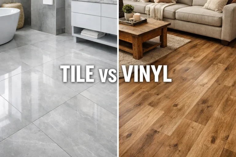 Split screen comparison of modern porcelain tile bathroom floor and wood look luxury vinyl plank living room floor with text Tile vs Vinyl