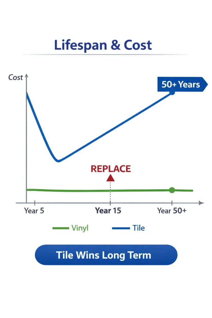 Portrait timeline infographic comparing vinyl flooring lifespan of 15 years and tile flooring lifespan of 50 plus years with cost comparison and Tile Wins Long Term label