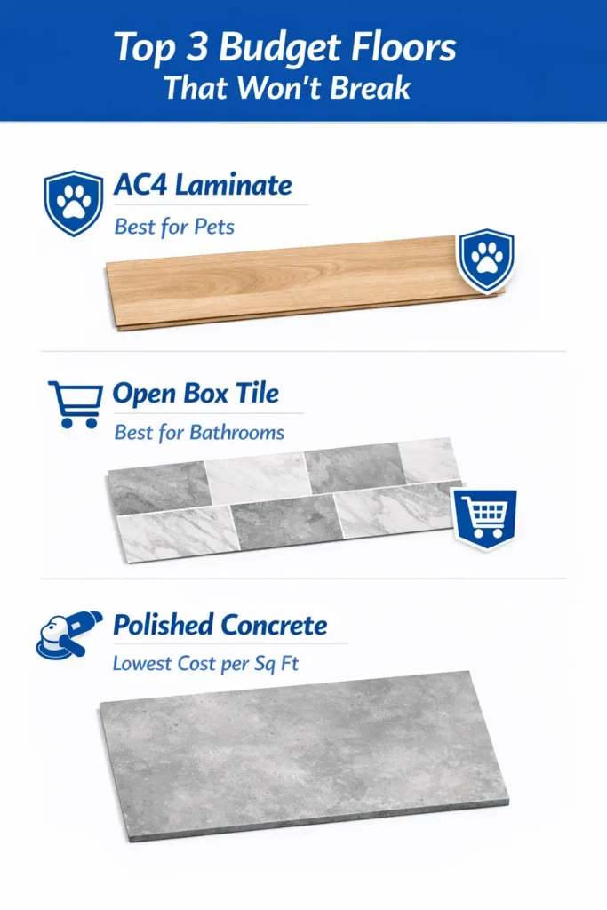 Portrait infographic titled Top 3 Budget Floors That Won’t Break the Bank featuring AC4 laminate best for pets, open box tile best for bathrooms, and polished concrete lowest cost per square foot in a modern royal blue and white design.