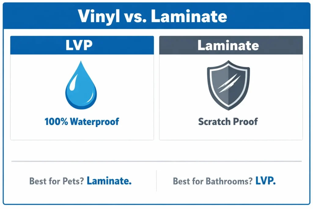 LVP vs. Laminate: Which Floor Actually Wins in 2026? 2 Horizontal infographic comparing vinyl plank and laminate flooring with waterproof and scratch-proof icons and notes on best flooring for pets and bathrooms