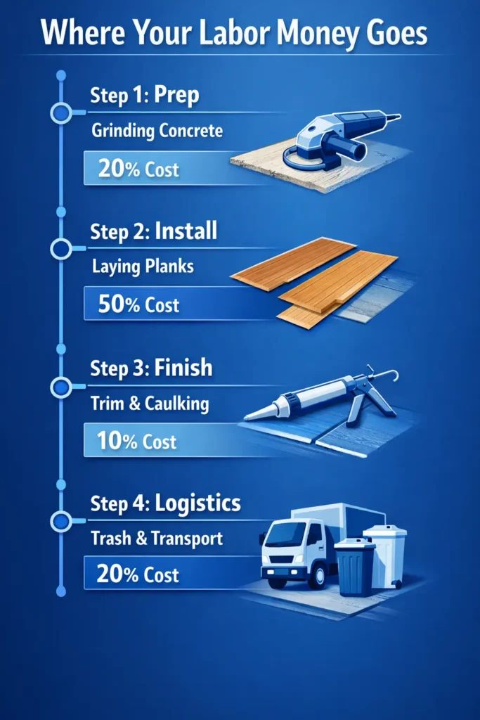Flooring Labor Cost per Sq Ft: 2026 Installation Price Guide 2 Vertical infographic showing flooring labor cost breakdown including prep 20 percent, install 50 percent, finish 10 percent, and logistics 20 percent