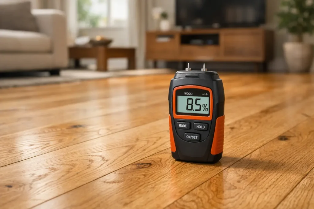 Hardwood Flooring Cost 2026: Solid vs Engineered Guide 1 Digital moisture meter resting on a finished white oak hardwood floor in a modern living room with warm natural lighting.
