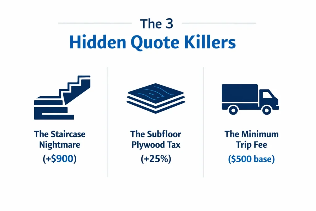 Infographic showing staircase cost increase, subfloor plywood extra cost, and minimum contractor trip fee in flooring installation