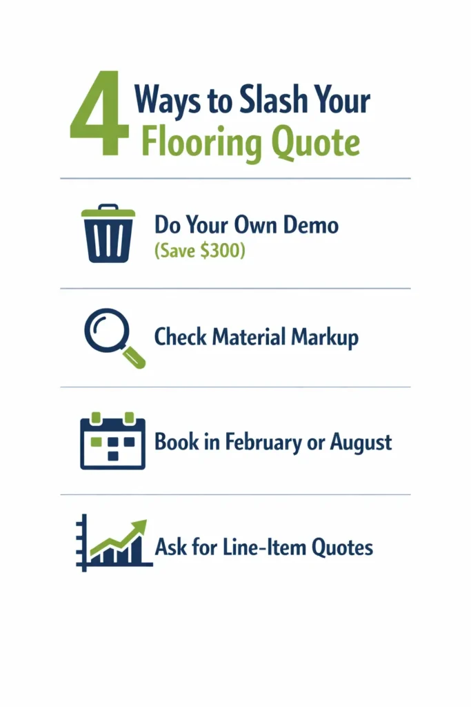 Lower Your Flooring Bill: 4 Ways to Negotiate with Contractors 2 Infographic showing four ways to reduce flooring quote costs including DIY demo, checking material markup, booking in February or August, and asking for line item quotes.