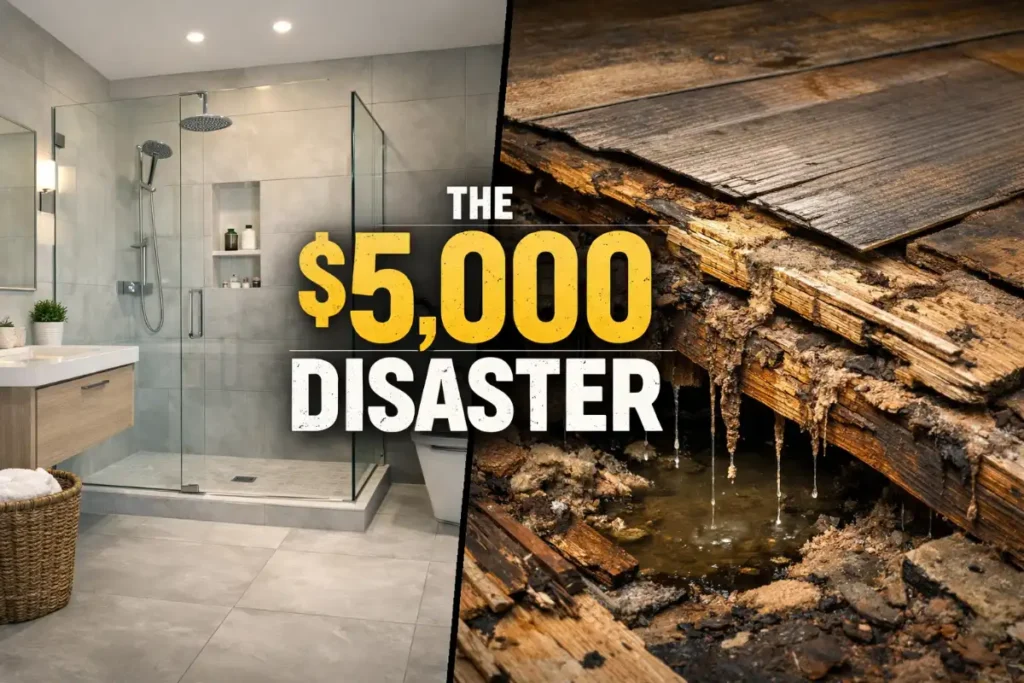 Split screen bathroom flooring comparison showing modern porcelain tile bathroom and rotted water damaged subfloor under vinyl flooring labeled $5000 disaster.