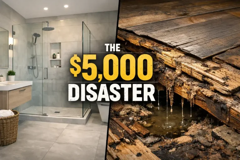 Split screen bathroom flooring comparison showing modern porcelain tile bathroom and rotted water damaged subfloor under vinyl flooring labeled $5000 disaster.