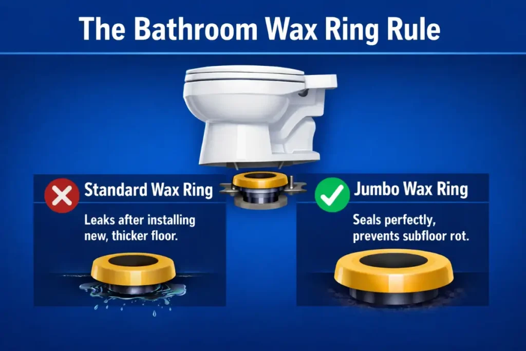 Infographic showing toilet installation with comparison between standard wax ring causing leaks and jumbo wax ring sealing properly to prevent bathroom subfloor damage.
