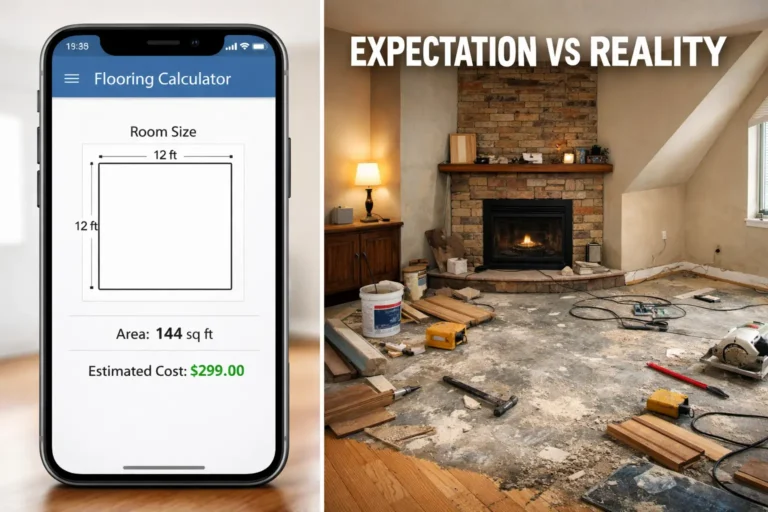 Flooring calculator app showing perfect square room and low cost compared with messy real living room with uneven subfloor, tools, and complex layout