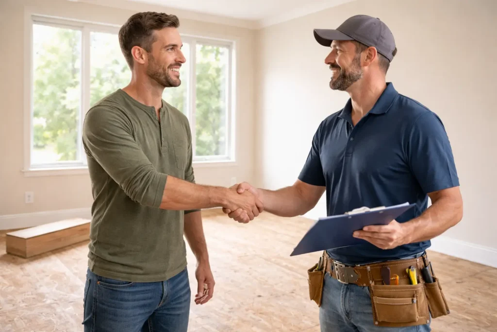 Lower Your Flooring Bill: 4 Ways to Negotiate with Contractors 1 Homeowner and contractor shaking hands over a clipboard in an empty living room with exposed subfloor and new flooring box.